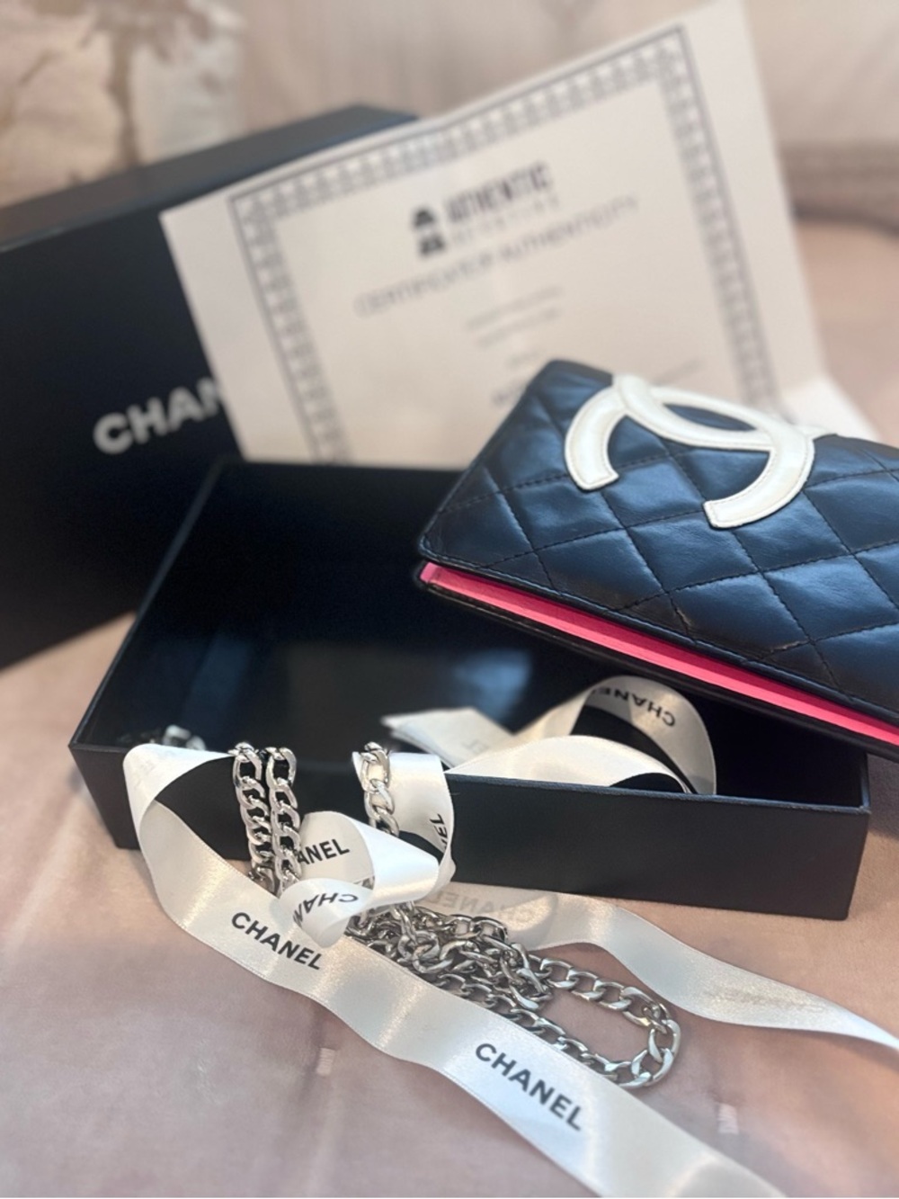 -Flash Sale- COA CHANEL Black Quilted Wallet with Chain with White CC $625